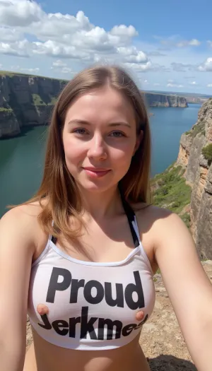 Un turista femenino de 20 años, que estaba en un acantilado con vistas al océano, había pintado "Proud Jerkmeat" en grandes letras en su tanque. Ella estaba posando para un selfie con la cámara mirando hacia abajo en su tanquetop
