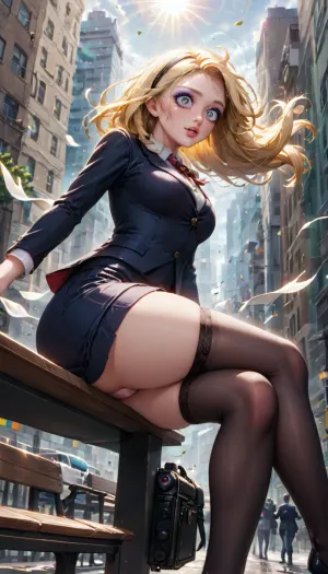 Una chica rubia se sentó en un banco, usando un traje sexy y viento soplando su falda. Ella ajustó sus medias y bragas para mostrar sus curvas, capturando la imagen de ella en toda su gloria