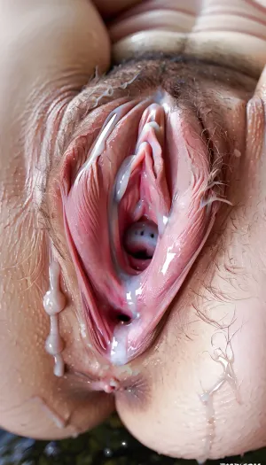Le clitoris d'une femme est exposé dans une image de gros plan hyperréaliste, avec une haute résolution et une texture réaliste. La scène montre le clitoris de la femme qui fuit le sperme, qui est recueilli par la bouche d'un homme