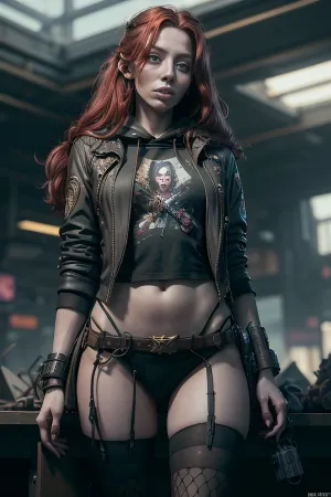 사진 현실적인 복장에 있는 Wonderland에서 Alice는 높은 대조, 현실적 및 photorealistic 특징을 가진 구경꾼을 보는 상점의 앞에 서 있습니다. 그녀의 빨간 머리는 길고 파도치는, 그녀의 녹색 눈은 집중됩니다