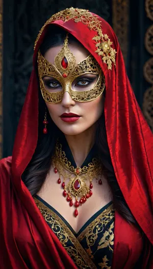 在一个黑暗,神秘的世界里 一个美丽的女人 有着迷人的面孔 和复杂的金丝雀 设计着她完美的特征 她戴着精心制作的黑色半面罩,用精密的金丝雀遮住她完美的脸部左侧