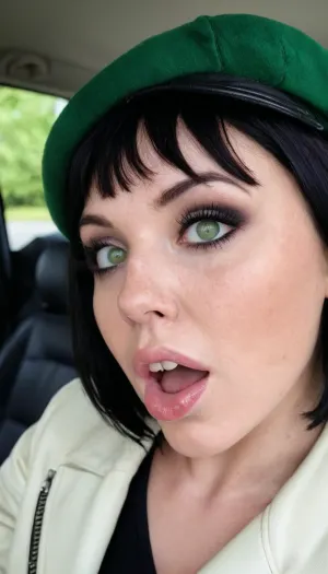 A mulher alemã de 18 anos com o cabelo longo, reto e olhos verdes perfeitos estava dirigindo em seu carro quando viu um fotógrafo profissional tirando fotos dela. Ela estava usando um espartilho de couro preto e jaqueta de látex, o que a fez olhar
