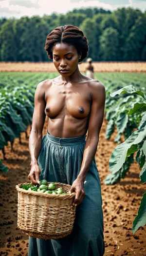 The black naked female slave was picking up cottons in a farm, but she didn't want to give in to the farmer's lustful desires. She knew he wanted her body, but she refused to give in to his perverted fantasies