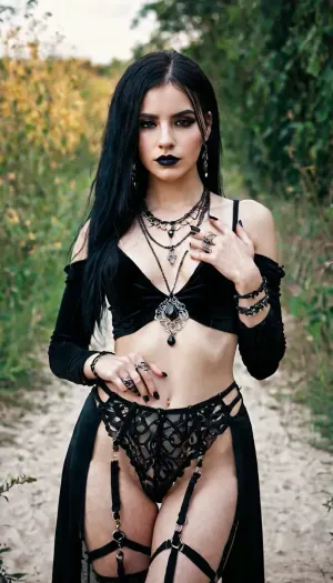2010’ların tarzında erotik bir dergi için ortaya çıkan seksi sevimli gothic Girl, mücevherleri parmak halkaları ile tam bir vücut fotoğrafı giyiyor