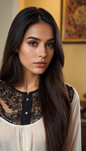 一个长头发、性感但又纯洁的年轻女子走在街上,穿着简单的裙子和上衣。 她的美丽是显而易见的,但她也有 纯洁的气息 让她更迷人