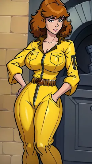 In a futuristic world where AI had taken over, April O'Neil was a porn star with brown hair and yellow jumpsuit. She had an ultra-detailed body with black eyes, 1girl abs, and white belt. Her upper body