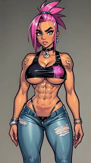 La mujer en la imagen es una mujer tatuada estilo chicano con tatuajes completos en su cuerpo, incluyendo un cráneo en su cuello y texto de neón rosa. Tiene pómulos altos y piel oscura, lleva ropa de calle del gueto, sag