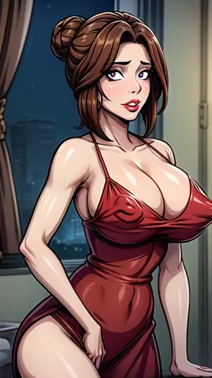 The AI generated a picture of a beautiful girl with cinematic lighting and sharp focus. She had large breasts, a slim waist, and mature female features. Her lips were parted in seduction, and her eyes were glowing with lust. She wore a