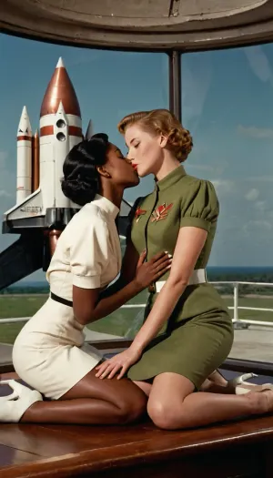 Una joven mujer negra y una joven mujer blanca con uniformes retrofuturistas elegantes besan apasionadamente en la cubierta de un libro. La única escritura en la portada es la letra inglesa en la esquina superior izquierda