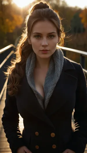 有着强烈的眼睛和乳色皮肤的女人是一位专门从事肖像画的摄影师. 她正在给桥上的人拍照 但她没在看他们 相反,她似乎迷失在思想中, 她的视线固定在