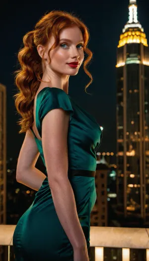 写真の女性は、赤いドレスと彼女の長い脚とトーンボディを展示するネックラインをぶら下がって、素晴らしいです。 彼女のメイクは完璧です, 彼女の緑色の目とフル唇を強調. 彼女の髪は緩いカールでスタイルされています