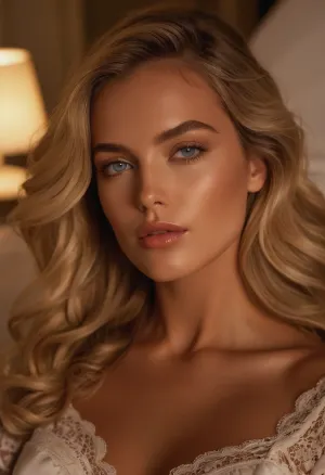 La mujer en la foto lleva una lujosa cama de pelo rubio platino en cascada en olas de lujo. Sus labios están llenos y púrpura, con un acabado brillante de nude-pink. Ella tiene ojos azules profundos que brillan como una belleza natural y