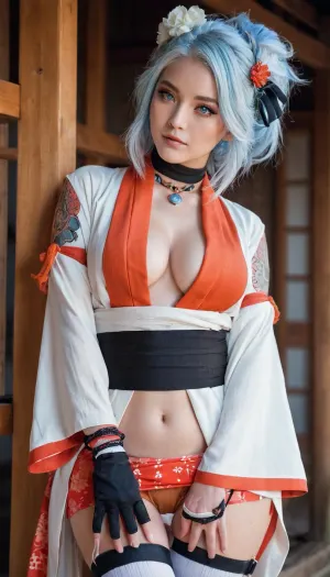 手臂上有多色头发和纹身的女孩戴着一个无指手套, hatanugi dousa, 和一个窒息器. 她一边看观众,一边放着白发