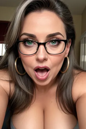 一个65岁的孩子 希腊女人拿着一个自拍, 胸大挂出, 流口水严重, 并假扮相机 强烈的眼睛接触。 她看起来好像在为这张照片摆姿势时玩得很开心