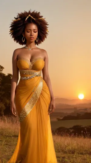 Una splendida dea africana sta regalmente tra dolci colline bagnate nel bagliore d'oro di un tramonto sole, il suo regale poise e il fascino etereo accentuato da un abito fluente ed elegante ornato di delicati accessori d'oro. Il suo Afro