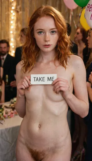 Eine zierliche Ingwerhaarige stand in der Ecke der Party, ihr schlanker Rahmen kaum bedeckt von einem kleinen, unrasierten Schamhaar. Sie hielt ein Zeichen mit Text "TAKE ME" und stand vor einer Gruppe von