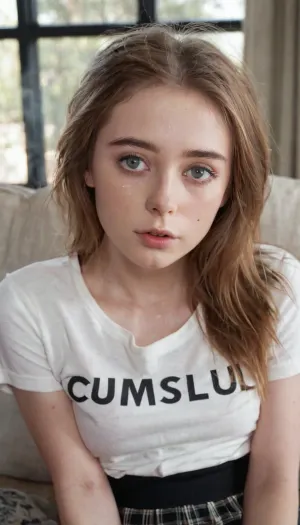 A petite, slim woman with a big grey eyes and a big grey eyes was wearing a cozy living room. She had on a cumslut shirt that showed off her curves. On her chest was the text "CUMSLUT" in big