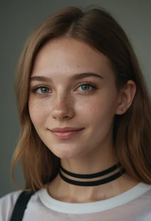 Le jeune mannequin ukrainien aux taches de rousseur et fossettes se tenait devant la caméra, ses yeux brillants se concentraient sur la caméra. Elle portait un choker autour du cou, soulignant ses traits délicats. Ses cheveux longs ont été ramenés dans un pain serré