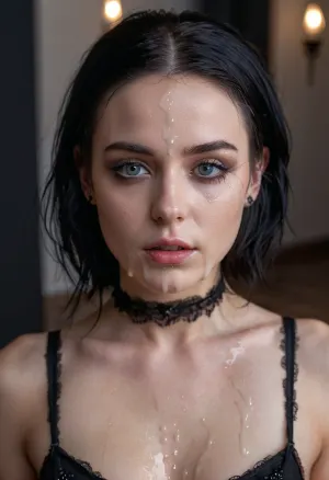The young gothic girl was covered in cum, her body glistening with sweat and cum. Her expression was one of pure pleasure, her mouth open in a silent scream of ecstasy. The lighting was perfect, casting shadows on her face