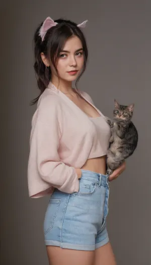 अधिकतम फोटोग्राफी कौशल के साथ एआई मॉडल ने महिला की एक तस्वीर को सही प्रकाश, मोटी भौहें, freckles, और एक गन्दा मध्य पोनीटेल के साथ दर्शक को देख लिया। वह बिल्ली के कान और साइड-स्वीप्ट बैंग के साथ एक काले जैकेट पहने हुए थे