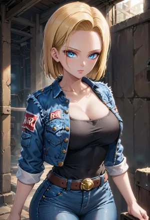 La ragazza con la valutazione di sicuro e big_round_breasts indossa una giacca denim, una camicia con maniche corte, e un jeans blu con ampio respiro. Ha lunghi capelli biondi che cade in onde naturali lungo la schiena