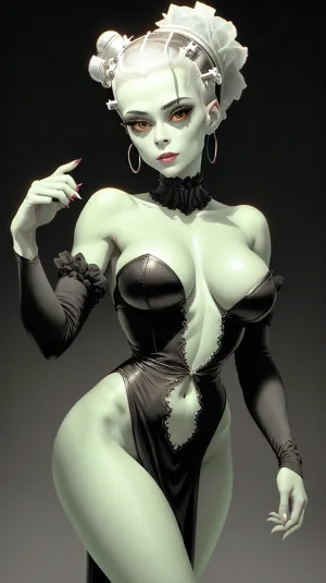 弗兰肯斯坦的布莱德(Bride of Frankenstein)中怪物的完美躯体是其吸引力的关键因素,每只手和两只手臂各有五个手指,还有原子体. 它的绿色和缝合的皮肤 能产生最大的性吸引力,因为它的吸引力