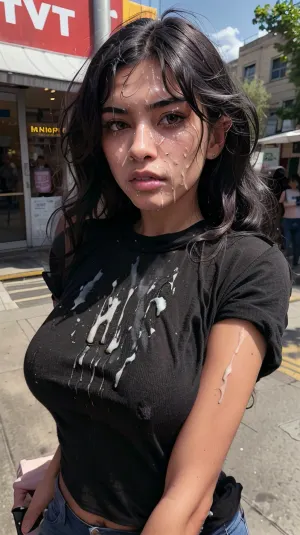 Uma jovem mulher em seus vinte anos iniciais, com cabelos longos e peitos grandes, foi apanhada na câmera durante um momento de prazer intenso. Ela tinha apenas experimentado um orgasmo intenso enquanto andava pela rua, coberto de cum de cabeça para dedo