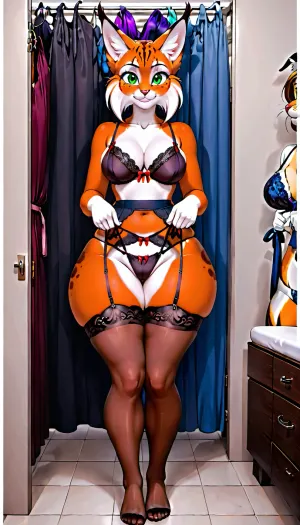 年轻的Lynx进入了装配室,她的心跳激动. 她已经计划了好几个星期 现在终于发生了 当她滑倒在 蕾丝胸罩和内裤上, 她不禁感到匆忙