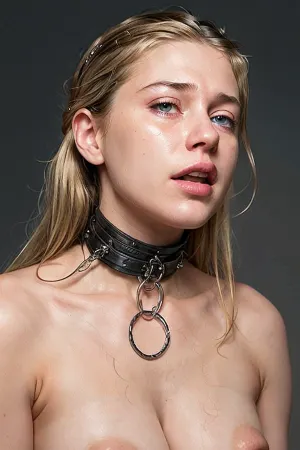 Image of, ((2 lesbians blondes)), 2 women fit bodies, perfect hard nipples shiny, (((master and slave girl))), bodies, (2 girls), with perfect faces and medium tits, 2 woman, blue eyes, girl next door, (((one is on her knees crying collar on her neck as the slave))), and other blonde is the master, slapping slave girl in the face, tears, screaming face, both nude, clean shaven pussies, master holding leash chain and of her slave girl, (2 women), (both completely naked), (gold collar, leashed, to, floor), (empty concrete room:1.33), (masterpiece), high resolution, realistic, best quality, best lighting, (leashed:1.33), perfect, eyes, detailed, Tired, Expression, Tired_Expression, crying tears, from slave girls face, <lora:leashed2:.7>, <lora:flat_chest_v2:.55>, <lora:Tired_Expression:1>, <lora:polyhdron_all_in_one_eyes_hands_skin_fin:.33>, povcunni, cunnilingus, <lora:Cunnillingus:.5>