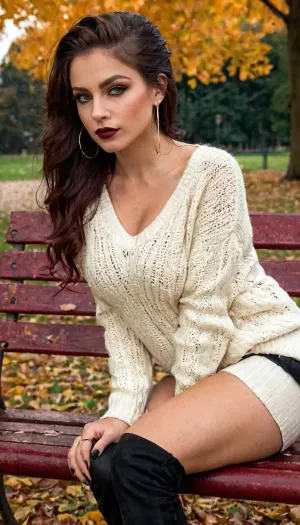 Una bella donna in un maglione bianco sexy e tacco alto nero siede su una panchina nel parco, la sua immagine alternativa che attira l'attenzione e gira teste. Ha pelle realistica, grandi occhi verdi, labbra perfette e seni naturali. I suoi capelli neri scruffy