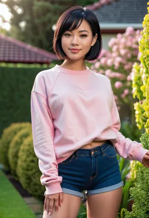 Amy Wong, a sexy AI with perfect body and sensual looking brown eyes, is enjoying a solo photo shoot in her garden. She's wearing a sexy pink sweatshirt and jeans mini shorts that show off her toned legs and curves. Her back