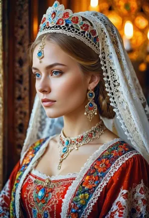 Ulusal kostümte bir Rus güzelliğinin portresi, parlak, zengin renklerle dolu. Süper açık, son derece ayrıntılı su renkli, glaze tekniği ve renkli alkol ink