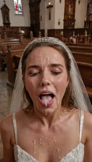 彼女の額にカムと口を開けた結婚式のドレスで女性は、教会で撮影され、彼女の額にカムで結婚式のドレスを着ている幸せな女性のフルボディショットを着用し、口を開く