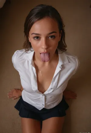Alizée, um estudante de petite sexy, está usando um uniforme de aluna e em pé na frente de um fundo branco. Ela tem características faciais perfeitas e uma cara angelical. Seus olhos estão fechados enquanto ela lambe seus lábios sedutoramente, adicionando