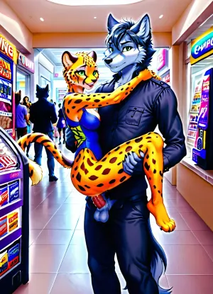1girl, partially clothed, Female anthro cheetah, ((hiding, standing, standing suspended congress, stealth sex, hidden sex, public sex, sex behind vending machine)), mall, anthro wolf male, male pov, penis, people in background, detailed background, <lora:early621-000002:.5>
