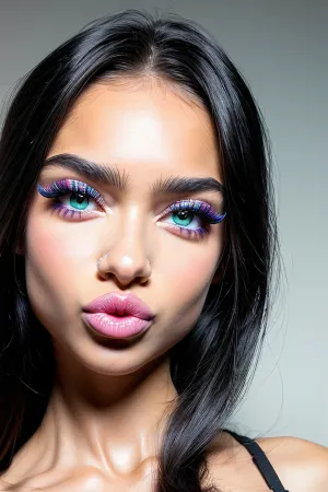 一个超现实主义的人工智能生成的 具有自然可爱的嘴唇的可爱小可爱 惊人独特的女性角色 以及闪亮的嘴唇 风格为超详细渲染,32k UHD,表现性眼睛充满欢乐和