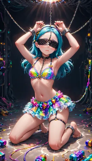 Una stanza minimalista con una "Sensory Web" fatta di shimmering, corde elastiche e una singola ragazza al centro, inginocchiandosi in centro con le mani che poggiano sulle cosce. Indossa un semplice reggiseno bianco e mutandine con