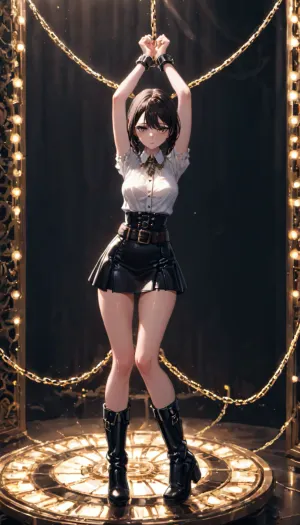 Una giovane donna vestita con una camicetta bianca e una mini gonna nera si trova all'interno di una drammatica struttura curva simile a una porta. I polsi sono trattenuti da polsini bianchi puliti pendenti dall'alto e dai lati dell'arco, con polsini regolabili appesi