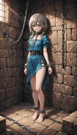 完全なシャックル、石の壁を渡る明滅のトーチライト鋳造の影が付いている少女は、石の壁を渡る明滅のトーチライト鋳造の影が付いているdimly litのダンジョンにありました。 ここまで来た頃、誰かを待っていた