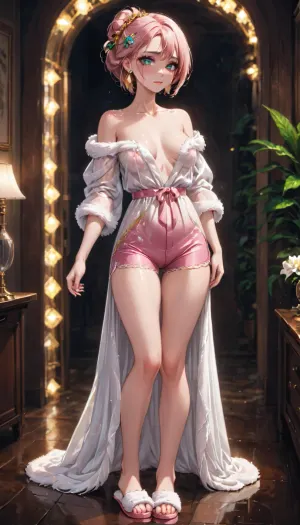 照片中的女孩穿着短长的Satin长袍,身着扇贝螺线. 她的短裤和拖鞋 配有水晶发夹和细腻的耳环 她的化妆很轻,但是..