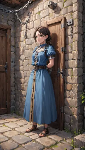 女孩Wall Shacks被重装金属手铐锁在墙上。 她努力反抗束缚,但他们坚守不移. 暗淡的火炬闪烁在石墙上 横跨着阴暗的阴影