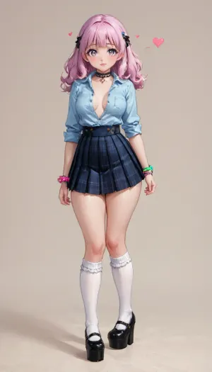 这名女孩穿着一件可爱的柏拉图迷你裙,身穿紫丁香和白色,腰部绑着一个装配的白色扣子,暴露了她的腹部。 膝盖高的袜子 加上了带子的剪子