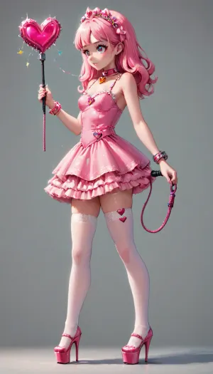 女孩身着粉红色的塞丁娃娃裙,穿着耀斑的裙子,白大腿高的袜子,上面有蕾丝,还有闪亮的平台高跟鞋. 她有手镯 心仪 还有迷你鞭子