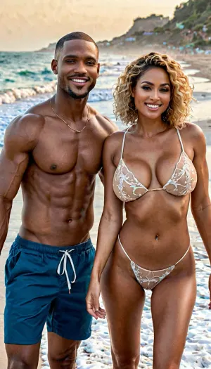 Una bella donna nuda con un enorme seno perky e un fit nudo uomo africano con un enorme massiccio tette rotonde erano sulla spiaggia, godendo la loro vacanza. Erano entrambi sorridenti e divertirsi. La bella MILF nuda stava scattando foto di loro