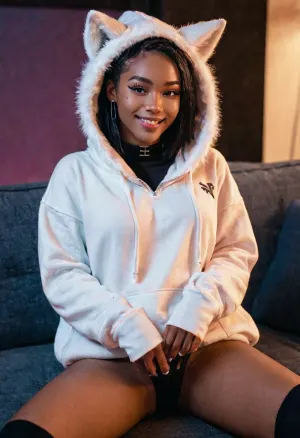 一个18岁的年轻苗条的黑人少女,长着可爱的脸和明亮的少女化妆品,双腿张开,坐在沙发上,露出她平滑的阴部. 她和自己玩耍时 脸上笑得一团糟,