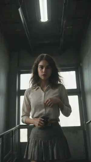 एक स्कर्ट में एक युवा महिला अपने दिमाग की शक्ति का उपयोग करके खुद को नीचे से उठाती है। वह अपने शरीर को देखता है और वह समय के साथ विकसित वक्रों की प्रशंसा करता है। अचानक, वह हवा की एक झलक महसूस करती है और महसूस करती है कि वह हो रही है