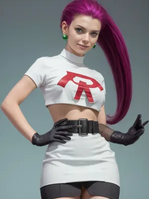 jessie pokemon, solo, team rocket, gloves, hair slicked back, long hair, jewelry, navel, thighhighs, elbow gloves, team rocket uniform, crop top, blue eyes, midriff, white background, belt, black gloves, very long hair, simple background, smile, black thighhighs, purple hair, looking at viewer, white skirt, miniskirt, <lora:jessie-v2:1>, wzhakufu, long, hair, magatama, earrings, school, uniform, red, skirt, pleated, large, breasts, antenna, orange, aqua, eyes, sweater, vest, <lora:sonsaku_hakufu-V2_Final:.5>