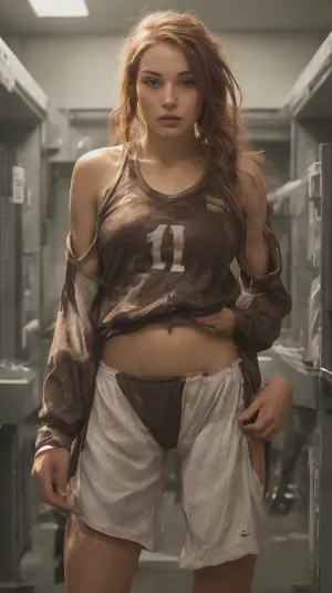 Jodi Taylor, a cute face with short auburn hair, sweaty college volleyball player in the dark locker room after practice. She double French braids her 20-year-old picture and 111cine8matic55