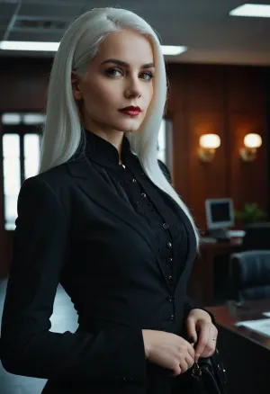 युवा महिला आत्मविश्वास के साथ कार्यालय में चले गए, उसके पीछे बहने वाले लंबे काले बाल। वह एक sleek काली पोशाक पहनती है जो उसके घटता को गले लगाती है और उसकी पीला त्वचा को पूरक करती है। उनका मेकअप सूक्ष्म लेकिन विशेषज्ञ रूप से लागू हुआ, उनकी विशेषताओं को उजागर करना और उसे बनाना