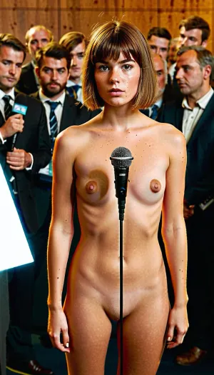 The young girl with short straight hair, wide face, and big brown eyes was in a conference room with a microphone in hand. She was wearing a formal dress and high quality shoes. Her perfect drawn faces were visible on the screen as she spoke to